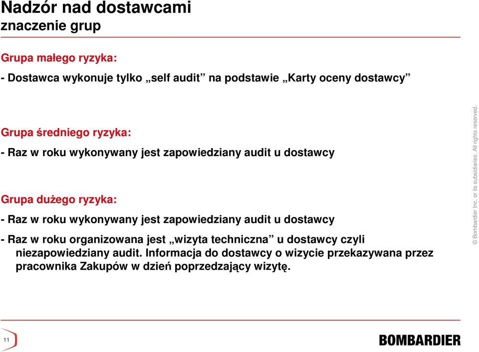 wykonywany jest zapowiedziany audit u dostawcy - Raz w roku organizowana jest wizyta techniczna u dostawcy czyli