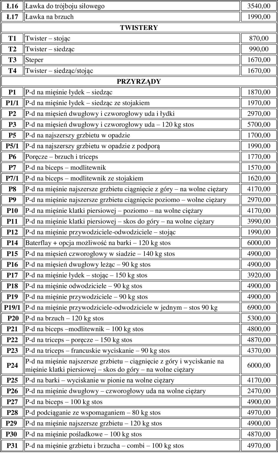 stos 5700,00 P5 P-d na najszerszy grzbietu w opadzie 1700,00 P5/1 P-d na najszerszy grzbietu w opadzie z podporą 1990,00 P6 Poręcze brzuch i triceps 1770,00 P7 P-d na biceps modlitewnik 1570,00 P7/1