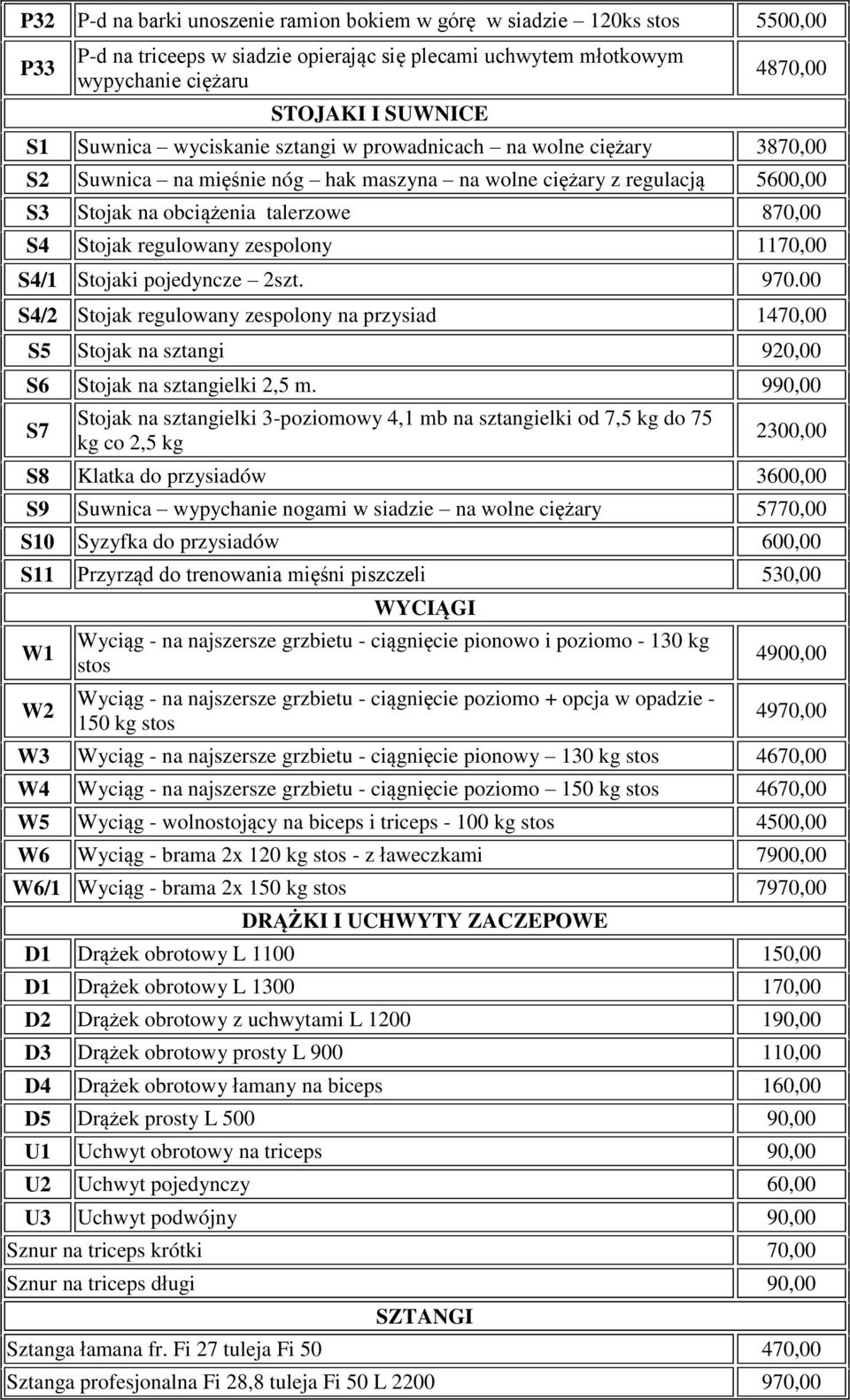 regulowany zespolony 1170,00 S4/1 Stojaki pojedyncze 2szt. 970.00 S4/2 Stojak regulowany zespolony na przysiad 1470,00 S5 Stojak na sztangi 920,00 S6 Stojak na sztangielki 2,5 m.