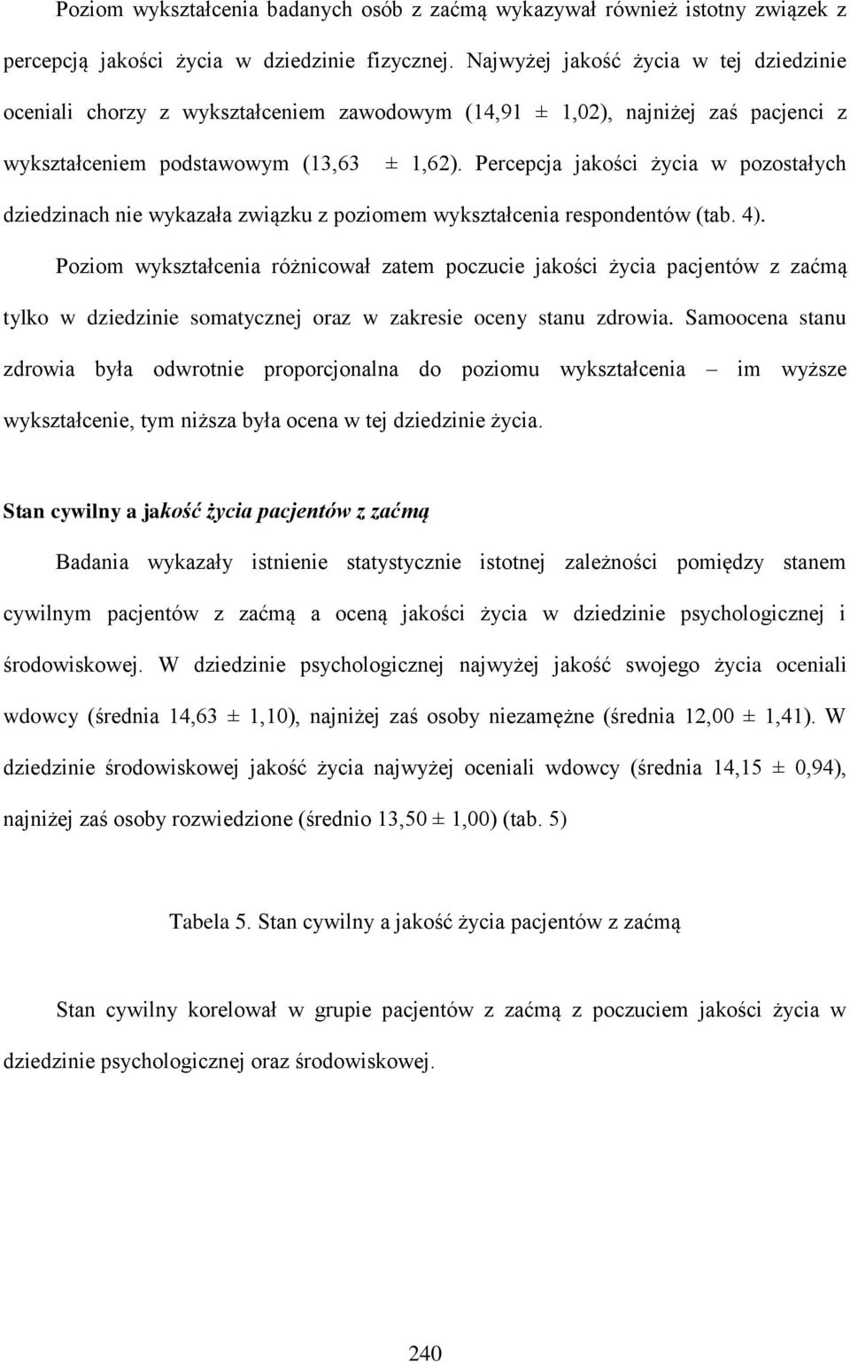 Percepcja jakości życia w pozostałych dziedzinach nie wykazała związku z poziomem wykształcenia respondentów (tab. 4).