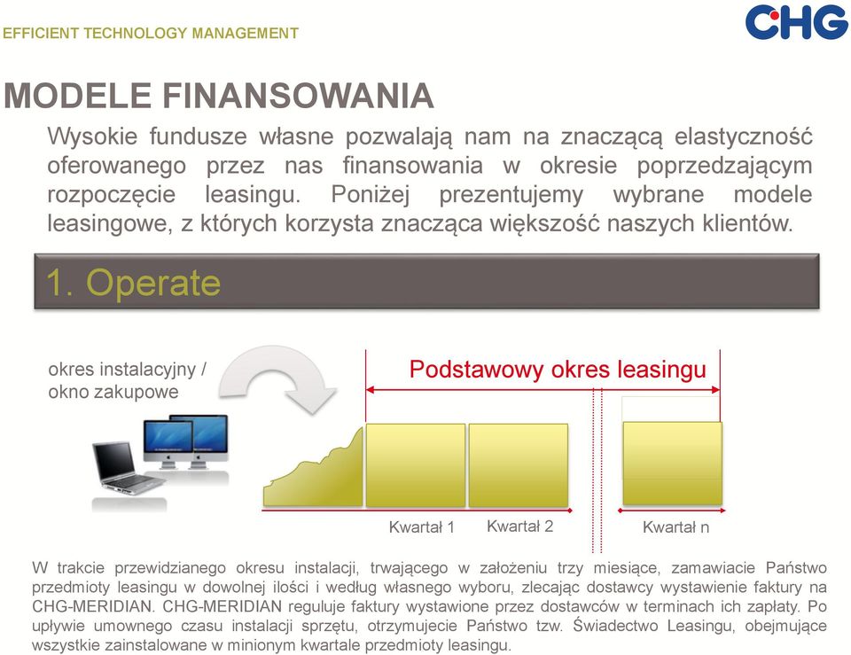 Operate okres instalacyjny / okno zakupowe Podstawowy okres leasingu Kwartał 1 Kwartał 2 Kwartał n W trakcie przewidzianego okresu instalacji, trwającego w założeniu trzy miesiące, zamawiacie Państwo