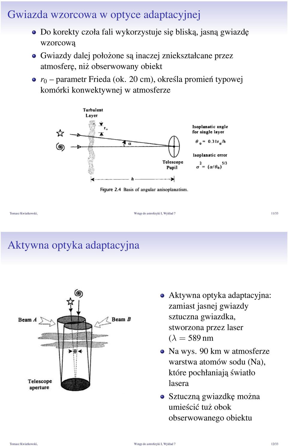 20 cm), określa promień typowej komórki konwektywnej w atmosferze Tomasz Kwiatkowski, Wstęp do astrofizyki I, Wykład 7 11/33 Aktywna optyka adaptacyjna Aktywna optyka