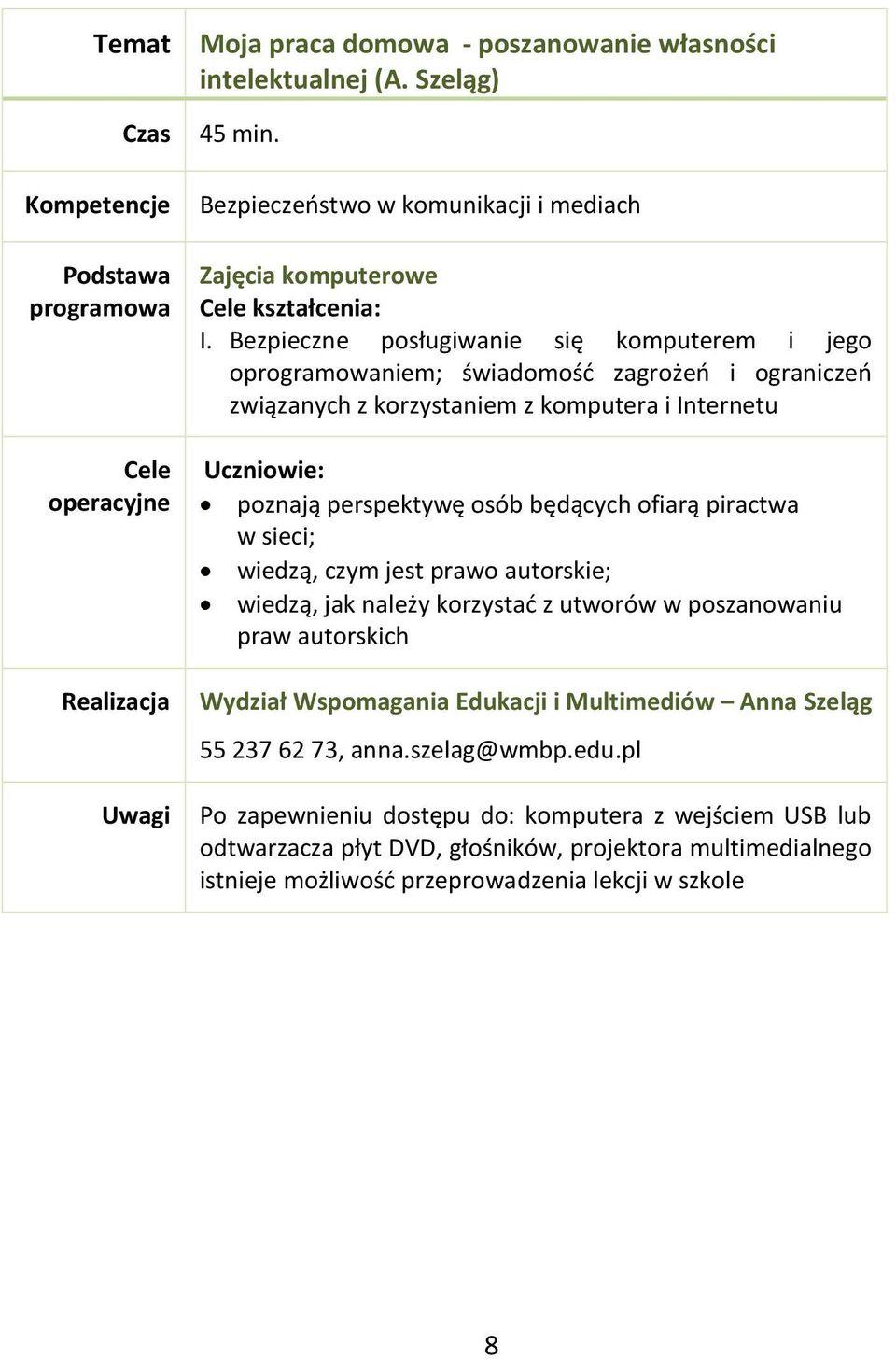 piractwa w sieci; wiedzą, czym jest prawo autorskie; wiedzą, jak należy korzystać z utworów w poszanowaniu praw autorskich Wydział Wspomagania Edukacji i Multimediów Anna Szeląg