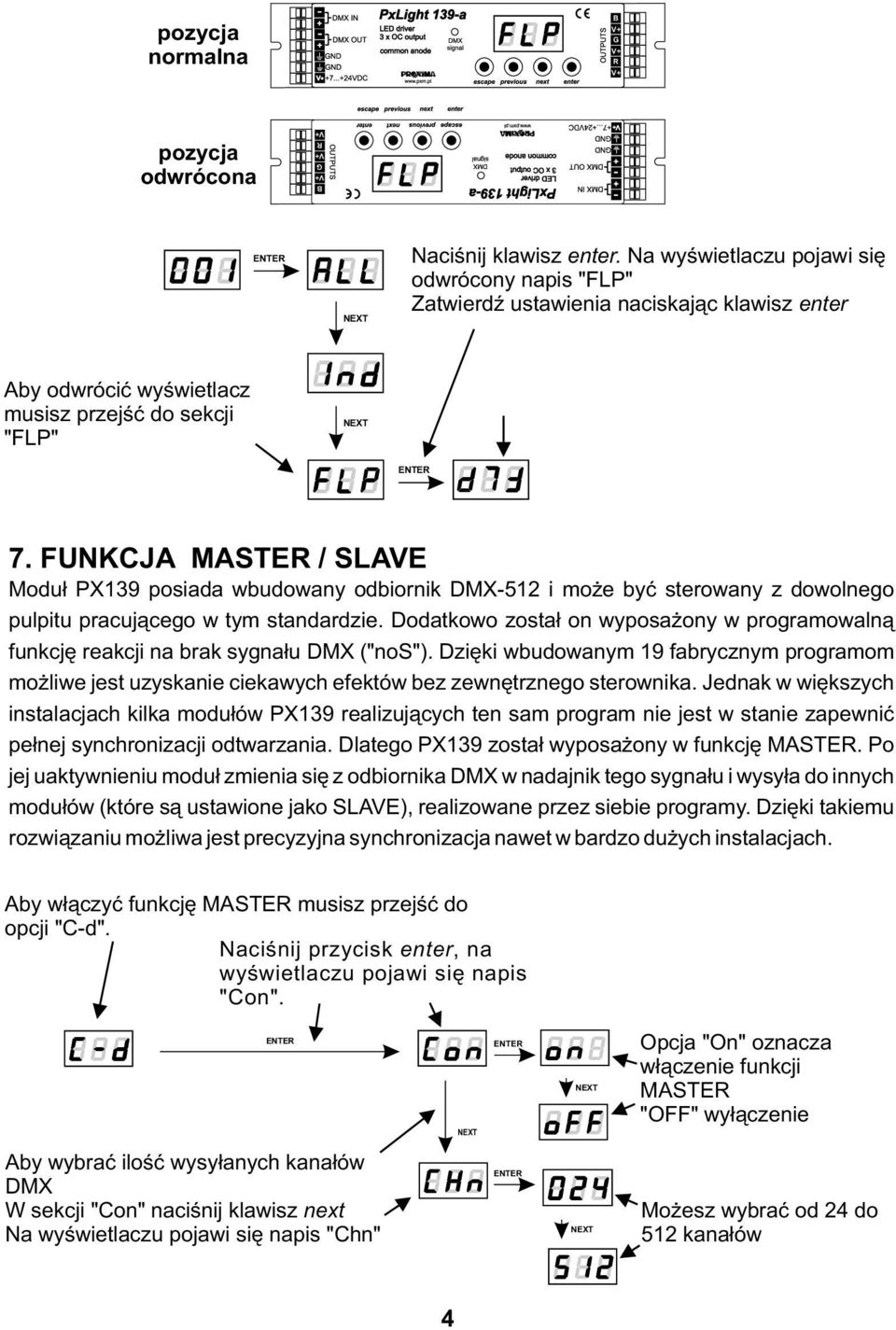 FUNKCJA MASTE / SLAVE Moduł PX139 posiada wbudowany odbiornik DMX-512 i może być sterowany z dowolnego pulpitu pracującego w tym standardzie.