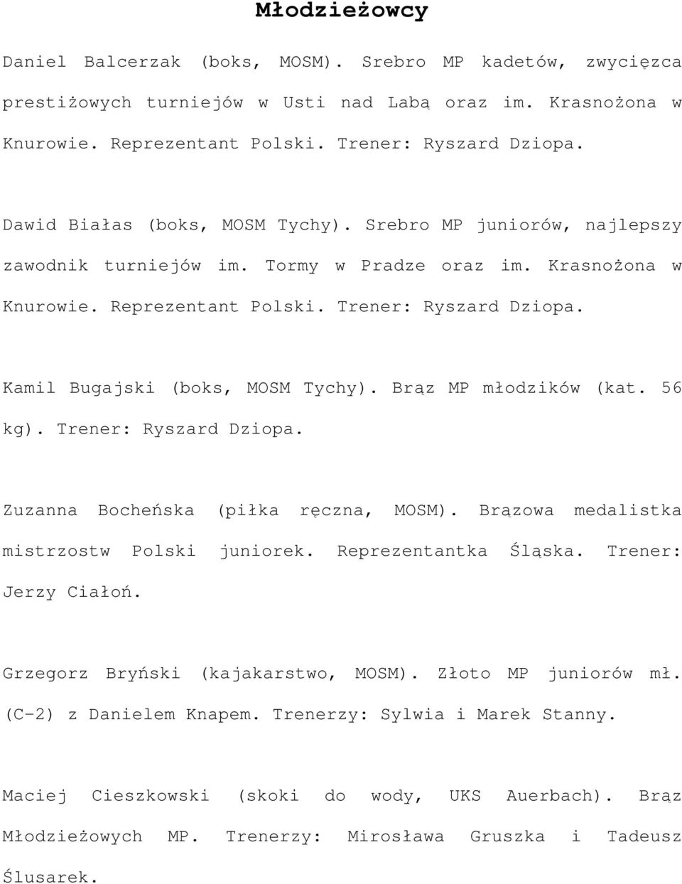 Kamil Bugajski (boks, MOSM Tychy). Brąz MP młodzików (kat. 56 kg). Trener: Ryszard Dziopa. Zuzanna Bocheńska (piłka ręczna, MOSM). Brązowa medalistka mistrzostw Polski juniorek. Reprezentantka Śląska.