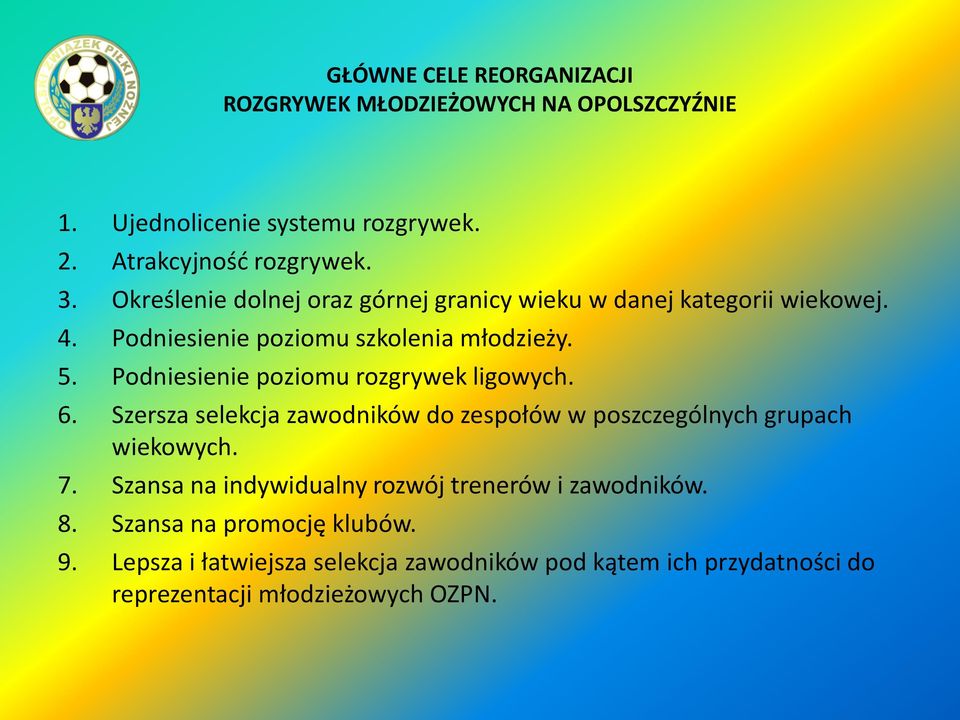 Podniesienie poziomu rozgrywek ligowych. 6. Szersza selekcja zawodników do zespołów w poszczególnych grupach wiekowych. 7.