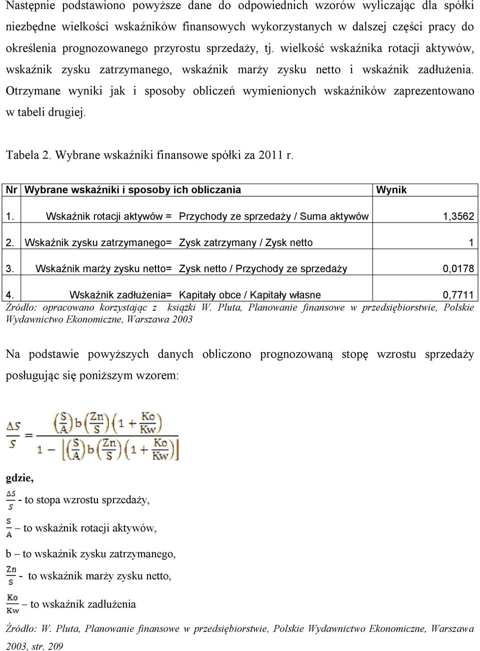 Otrzymane wyniki jak i sposoby obliczeń wymienionych wskaźników zaprezentowano w tabeli drugiej. Tabela 2. Wybrane wskaźniki finansowe spółki za 2011 r.