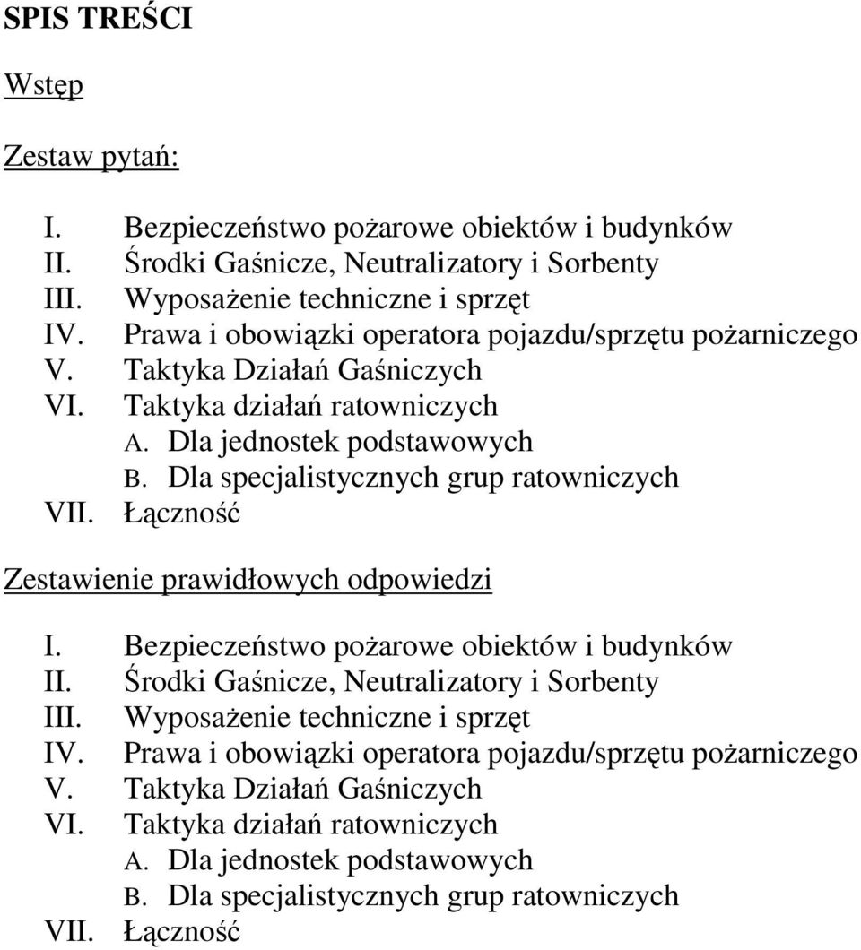 Dla specjalistycznych grup ratowniczych VII. Łączność Zestawienie prawidłowych odpowiedzi I. Bezpieczeństwo poŝarowe obiektów i budynków II. Środki Gaśnicze, Neutralizatory i Sorbenty III.