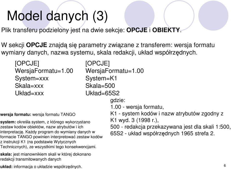 00 System=xxx Skala=xxx Układ=xxx wersja formatu: wersja formatu TANGO system: określa system, z którego wykorzystano zestaw kodów obiektów, nazw atrybutów i ich interpretację.