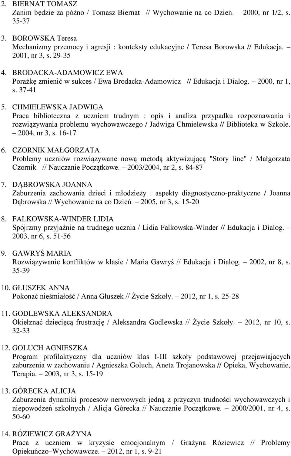 BRODACKA-ADAMOWICZ EWA Porażkę zmienić w sukces / Ewa Brodacka-Adamowicz // Edukacja i Dialog. 2000, nr 1, s. 37-41 5.