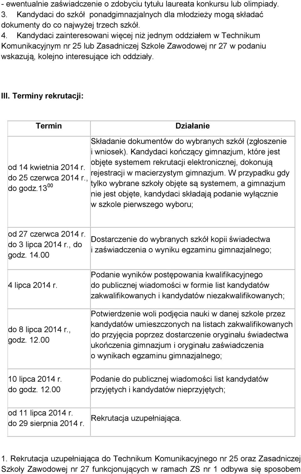 Terminy rekrutacji: Termin Działanie Składanie dokumentów do wybranych szkół (zgłoszenie i wniosek).