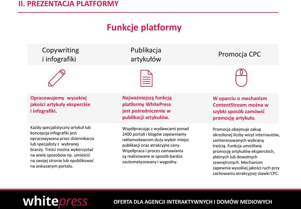 umieścić na swojej stronie lub opublikować na wskazanym portalu. Najważniejszą funkcją platformy WhitePress jest pośredniczenie w publikacji artykułów.