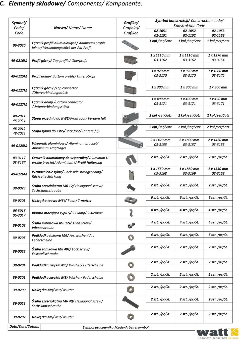Oberprofil 1 x 1110 mm 03-3162 1 x 1110 mm 03-3162 1 x 1270 mm 03-3154 49-0125M Profil dolny/ Bottom profile/ Unterptrofil 1 x 920 mm 03-3170 1 x 920 mm 03-3170 1 x 1080 mm 03-3172 49-0127M 49-0127M