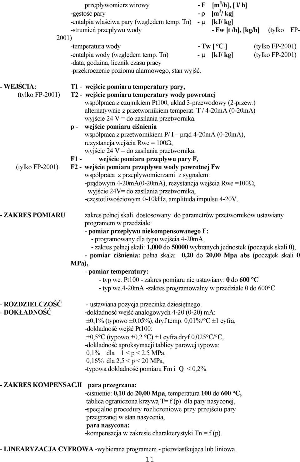 Tn) - µ [kj/ kg] (tylko FP-2001) -data, godzina, licznik czasu pracy -przekroczenie poziomu alarmowego, stan wyjść.