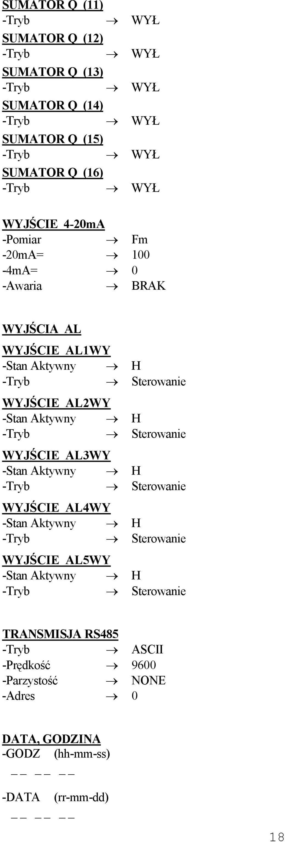 -Stan Aktywny H -Tryb Sterowanie WYJŚCIE AL3WY -Stan Aktywny H -Tryb Sterowanie WYJŚCIE AL4WY -Stan Aktywny H -Tryb Sterowanie WYJŚCIE AL5WY