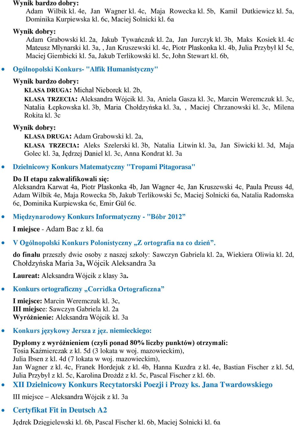 5a, Jakub Terlikowski kl. 5c, John Stewart kl. 6b, Ogólnopolski Konkurs- "Alfik Humanistyczny" Wynik bardzo dobry: KLASA DRUGA: Michał Nieborek kl. 2b, KLASA TRZECIA: Aleksandra Wójcik kl.