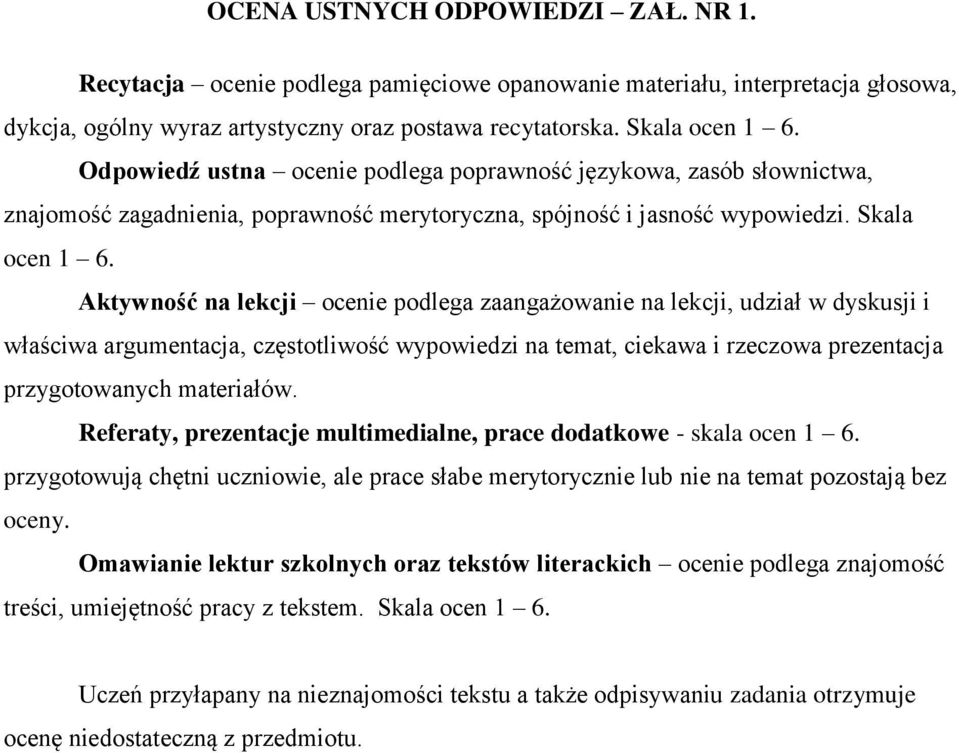 Aktywność na lekcji ocenie podlega zaangażowanie na lekcji, udział w dyskusji i właściwa argumentacja, częstotliwość wypowiedzi na temat, ciekawa i rzeczowa prezentacja przygotowanych materiałów.