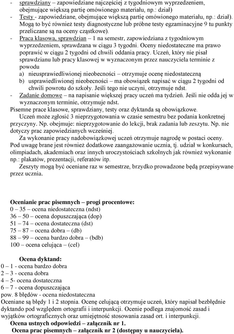 - Praca klasowa, sprawdzian 1 na semestr, zapowiedziana z tygodniowym wyprzedzeniem, sprawdzana w ciągu 3 tygodni. Oceny niedostateczne ma prawo poprawić w ciągu 2 tygodni od chwili oddania pracy.