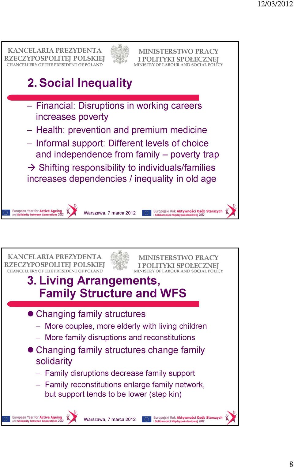 Living Arrangements, Family Structure and WFS Changing family structures More couples, more elderly with living children More family disruptions and