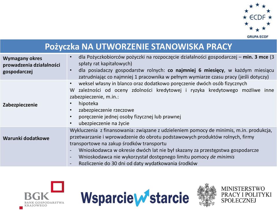 weksel własny in blanco oraz dodatkowo poręczenie dwóch osób fizycznych W zależności od oceny zdolności kredytowej i ryzyka kredytowego możliwe inne zabezpieczenie, m.in.: hipoteka zabezpieczenie rzeczowe poręczenie jednej osoby fizycznej lub prawnej ubezpieczenie na życie Wykluczenia z finansowania: związane z udzieleniem pomocy de minimis, m.