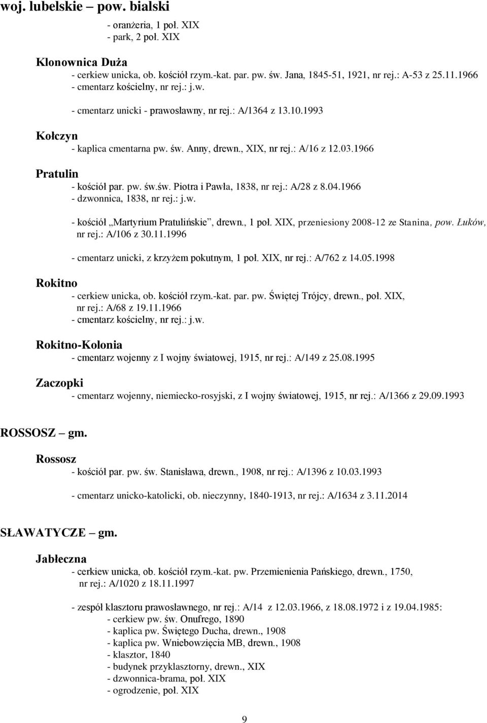 : A/28 z 8.04.1966 - dzwonnica, 1838, nr rej.: j.w. - kościół Martyrium Pratulińskie, drewn., 1 poł. XIX, przeniesiony 2008-12 ze Stanina, pow. Łuków, nr rej.: A/106 z 30.11.