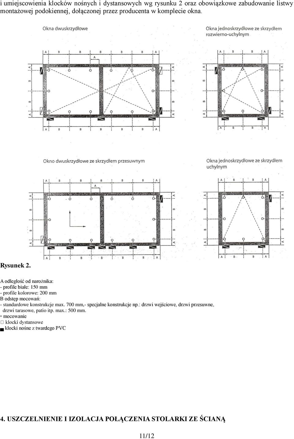 A odległość od narożnika: - profile białe: 150 mm - profile kolorowe: 200 mm B odstęp mocowań: - standardowe konstrukcje max.