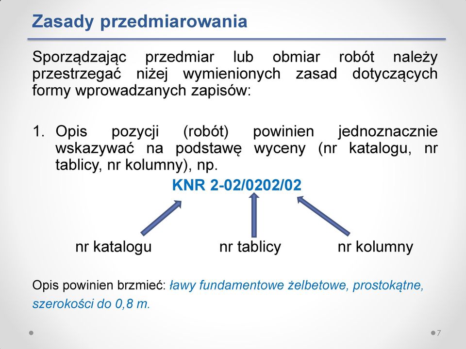 Opis pozycji (robót) powinien jednoznacznie wskazywać na podstawę wyceny (nr katalogu, nr tablicy, nr