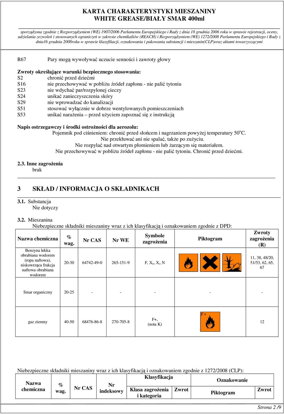 użyciem zapoznać się z instrukcją Napis ostrzegawczy i środki ostrożności dla aerozolu: Pojemnik pod ciśnieniem: chronić przed słońcem i nagrzaniem powyżej temperatury 50 o C.