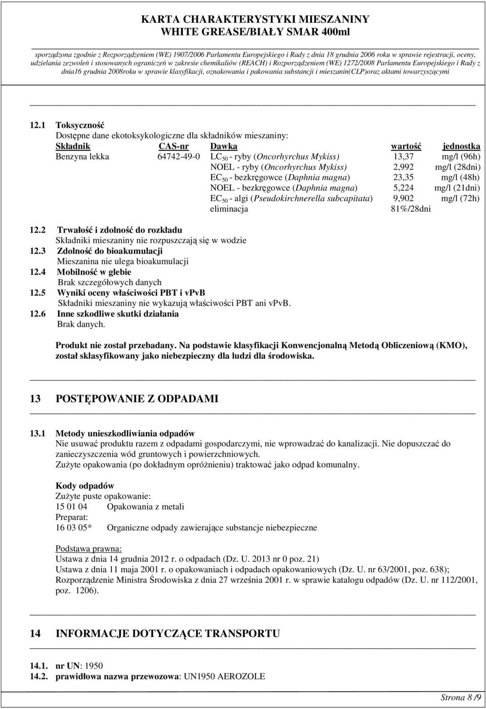 subcapitata) 9,902 mg/l (72h) eliminacja 81%/28dni 12.2 Trwałość i zdolność do rozkładu Składniki mieszaniny nie rozpuszczają się w wodzie 12.