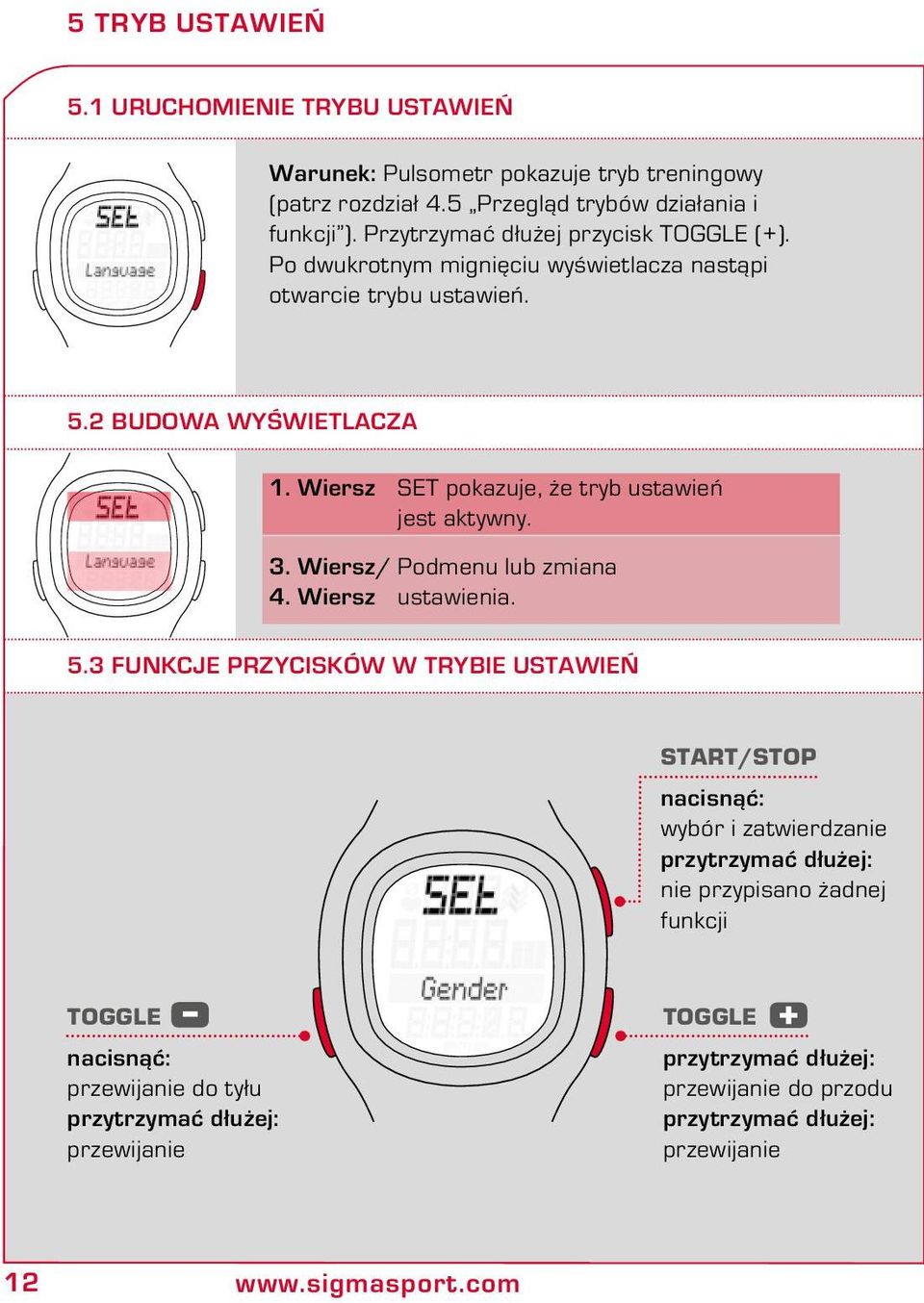 Wiersz SET pokazuje, że tryb ustawień jest aktywny. 3. Wiersz/ Podmenu lub zmiana 4. Wiersz ustawienia. 5.