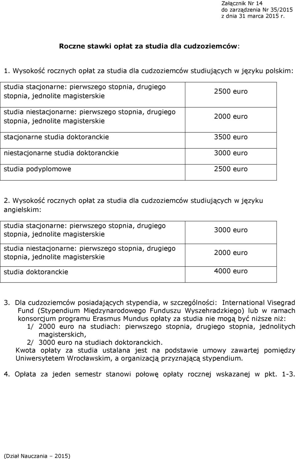 stopnia, drugiego stopnia, jednolite magisterskie stacjonarne studia doktoranckie niestacjonarne studia doktoranckie studia podyplomowe 2500 euro 2000 euro 3500 euro 3000 euro 2500 euro 2.