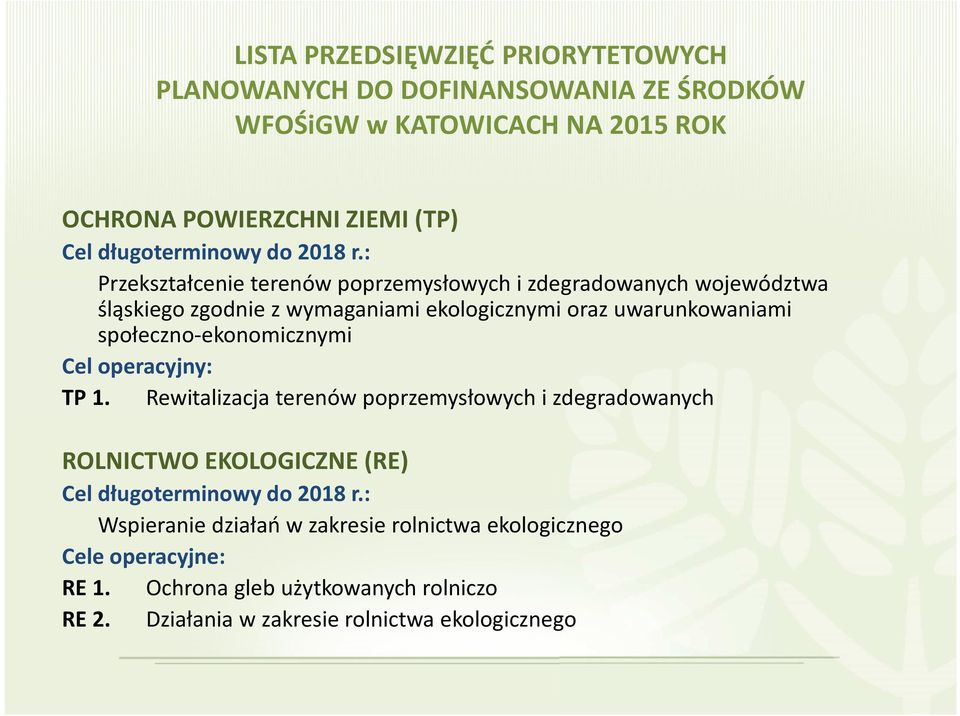 Rewitalizacja terenów poprzemysłowych i zdegradowanych ROLNICTWO EKOLOGICZNE (RE) Wspieranie działań w