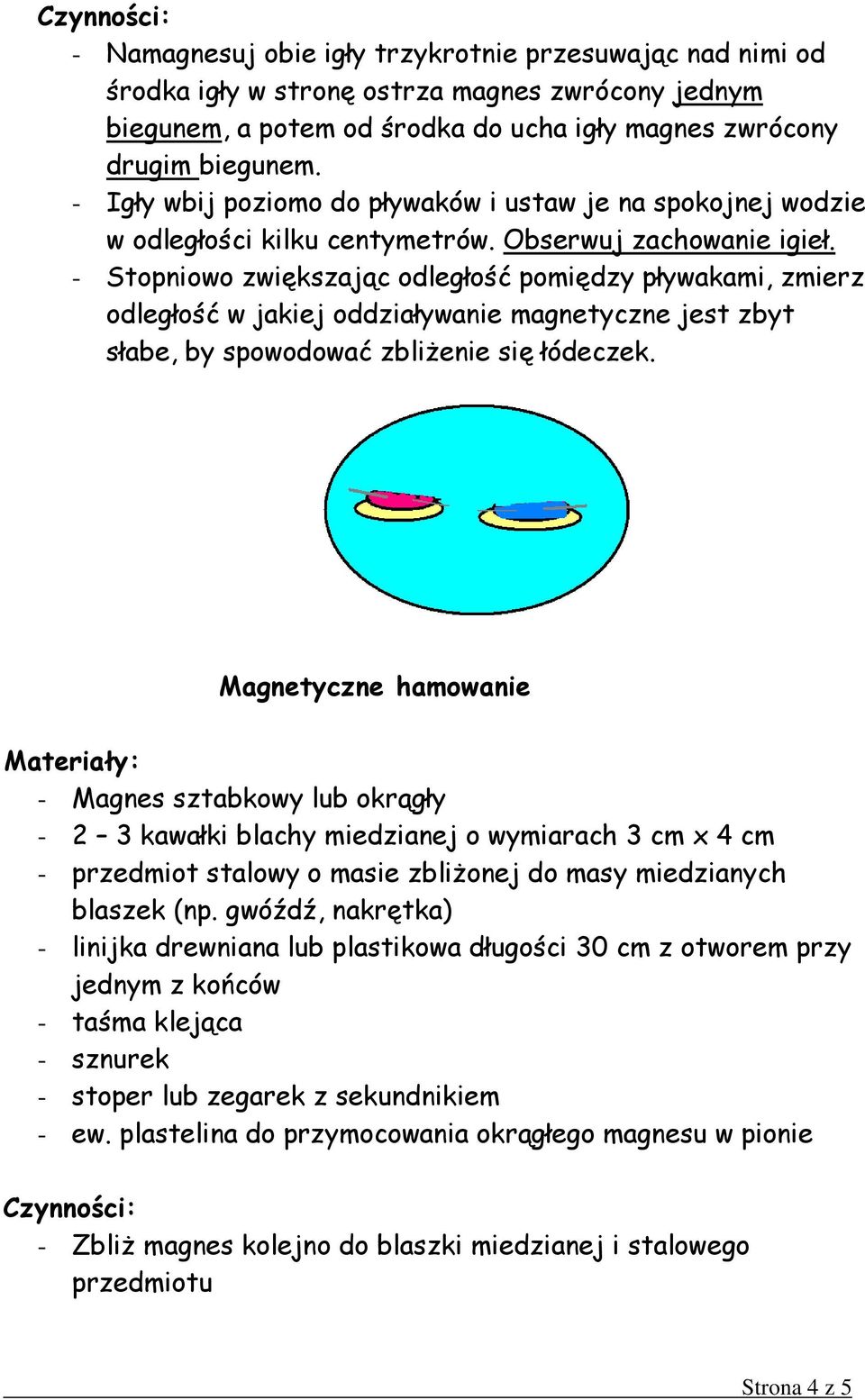 - Stopniowo zwiększając odległość pomiędzy pływakami, zmierz odległość w jakiej oddziaływanie magnetyczne jest zbyt słabe, by spowodować zbliŝenie się łódeczek.
