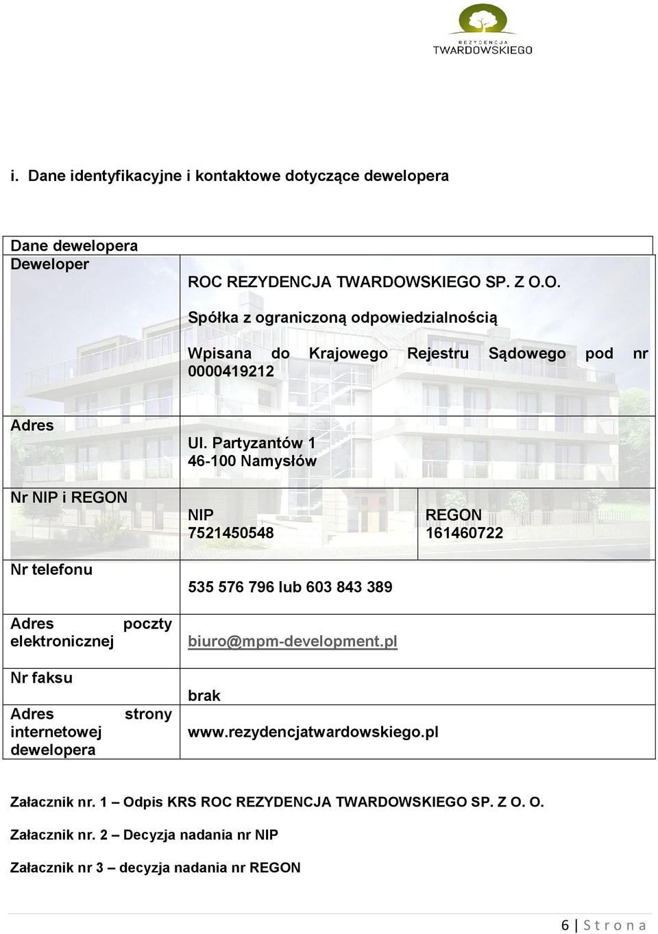 Partyzantów 1 46-100 Namysłów NIP 7521450548 535 576 796 lub 603 843 389 REGON 161460722 Adres elektronicznej Nr faksu Adres internetowej dewelopera poczty