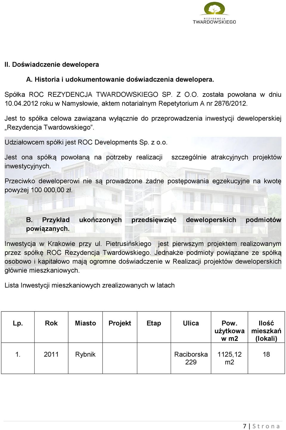 Udziałowcem spółki jest ROC Developments Sp. z o.o. Jest ona spółką powołaną na potrzeby realizacji inwestycyjnych.