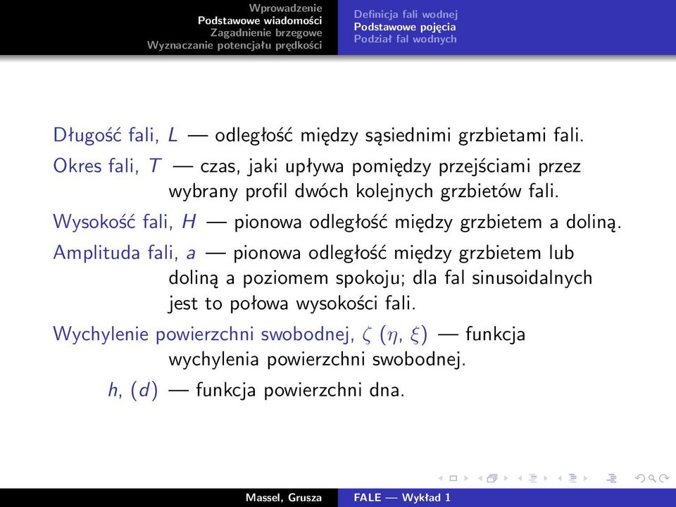 Wysokość fali, H pionowa odległość między grzbietem a doliną.