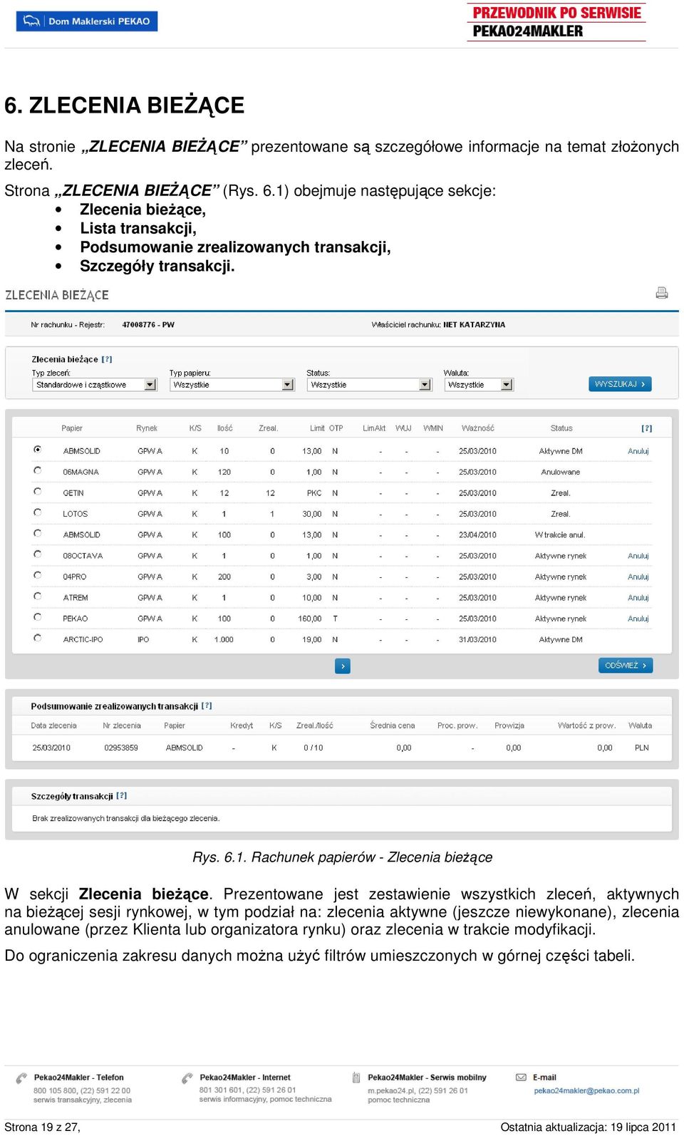 Prezentwane jest zestawienie wszystkich zleceń, aktywnych na bieŝącej sesji rynkwej, w tym pdział na: zlecenia aktywne (jeszcze niewyknane), zlecenia anulwane (przez Klienta