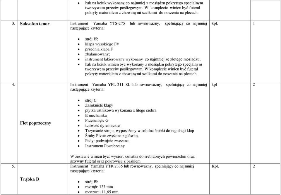 strój Bb klapa wysokiego F# przednia klapa F zbalansowany; instrument lakierowany wykonany co najmniej ze złotego mosiądzu; hak na kciuk winien być wykonany z mosiądzu pokrytego specjalnym tworzywem