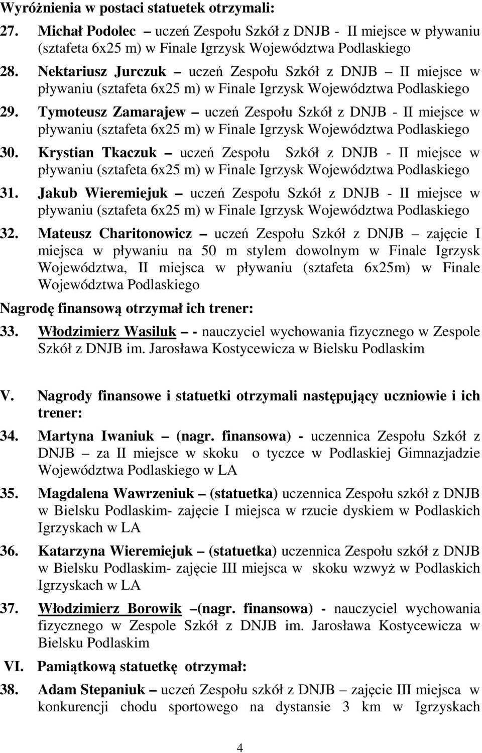 Tymoteusz Zamarajew uczeń Zespołu Szkół z DNJB - II miejsce w pływaniu (sztafeta 6x25 m) w Finale Igrzysk Województwa Podlaskiego 30.