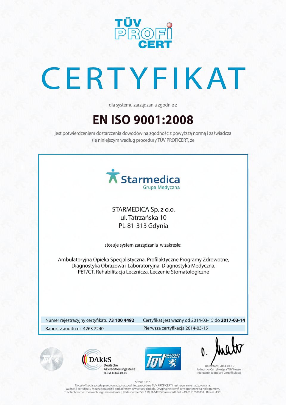 rejestracyjny certyfikatu 73 100 4492