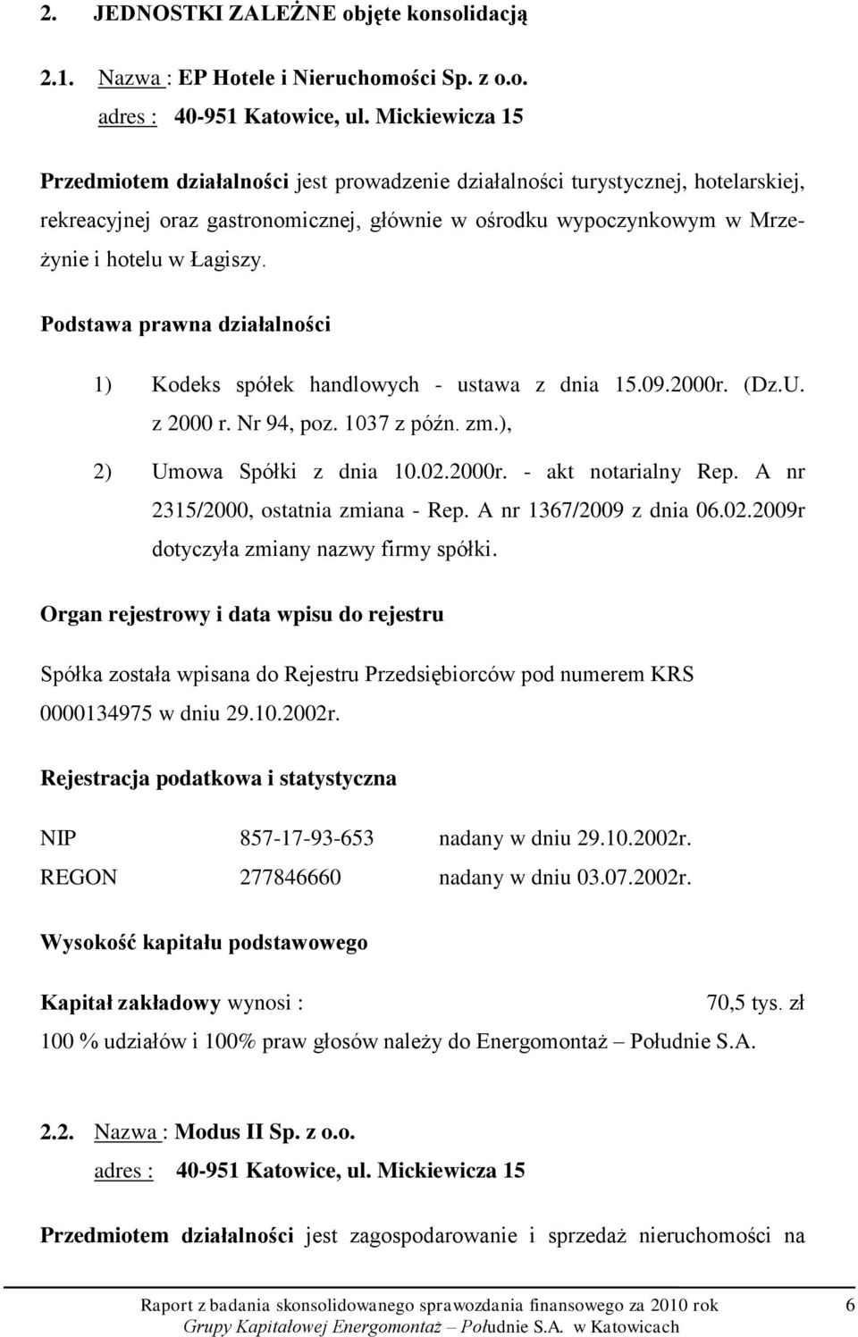 Podstawa prawna działalności 1) Kodeks spółek handlowych - ustawa z dnia 15.09.2000r. (Dz.U. z 2000 r. Nr 94, poz. 1037 z późn. zm.), 2) Umowa Spółki z dnia 10.02.2000r. - akt notarialny Rep.
