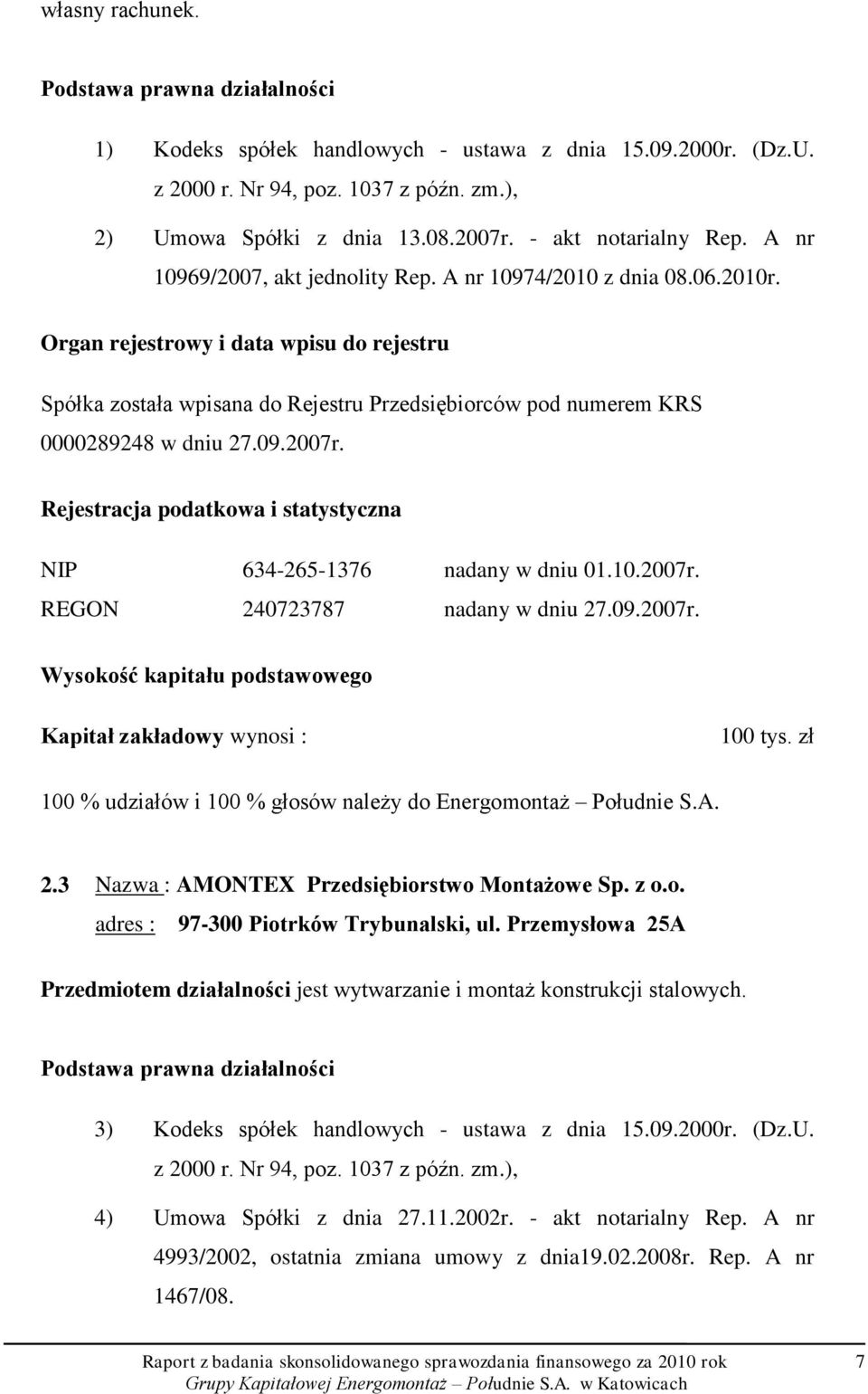Organ rejestrowy i data wpisu do rejestru Spółka została wpisana do Rejestru Przedsiębiorców pod numerem KRS 0000289248 w dniu 27.09.2007r.
