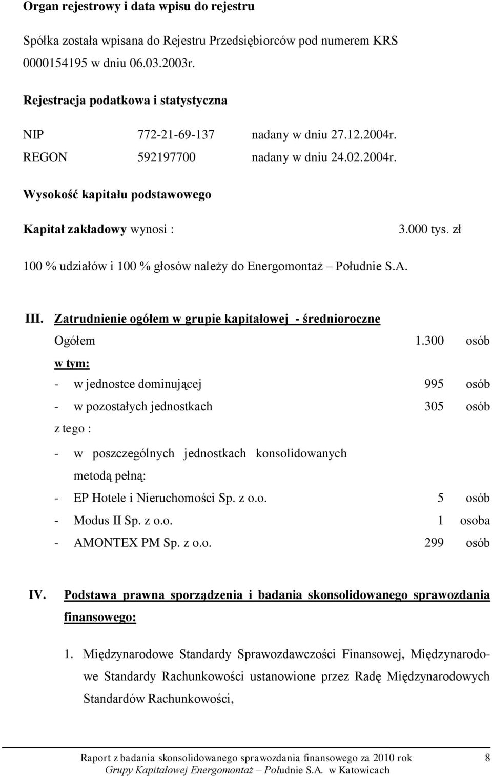 zł 100 % udziałów i 100 % głosów należy do Energomontaż Południe S.A. III. Zatrudnienie ogółem w grupie kapitałowej - średnioroczne Ogółem 1.