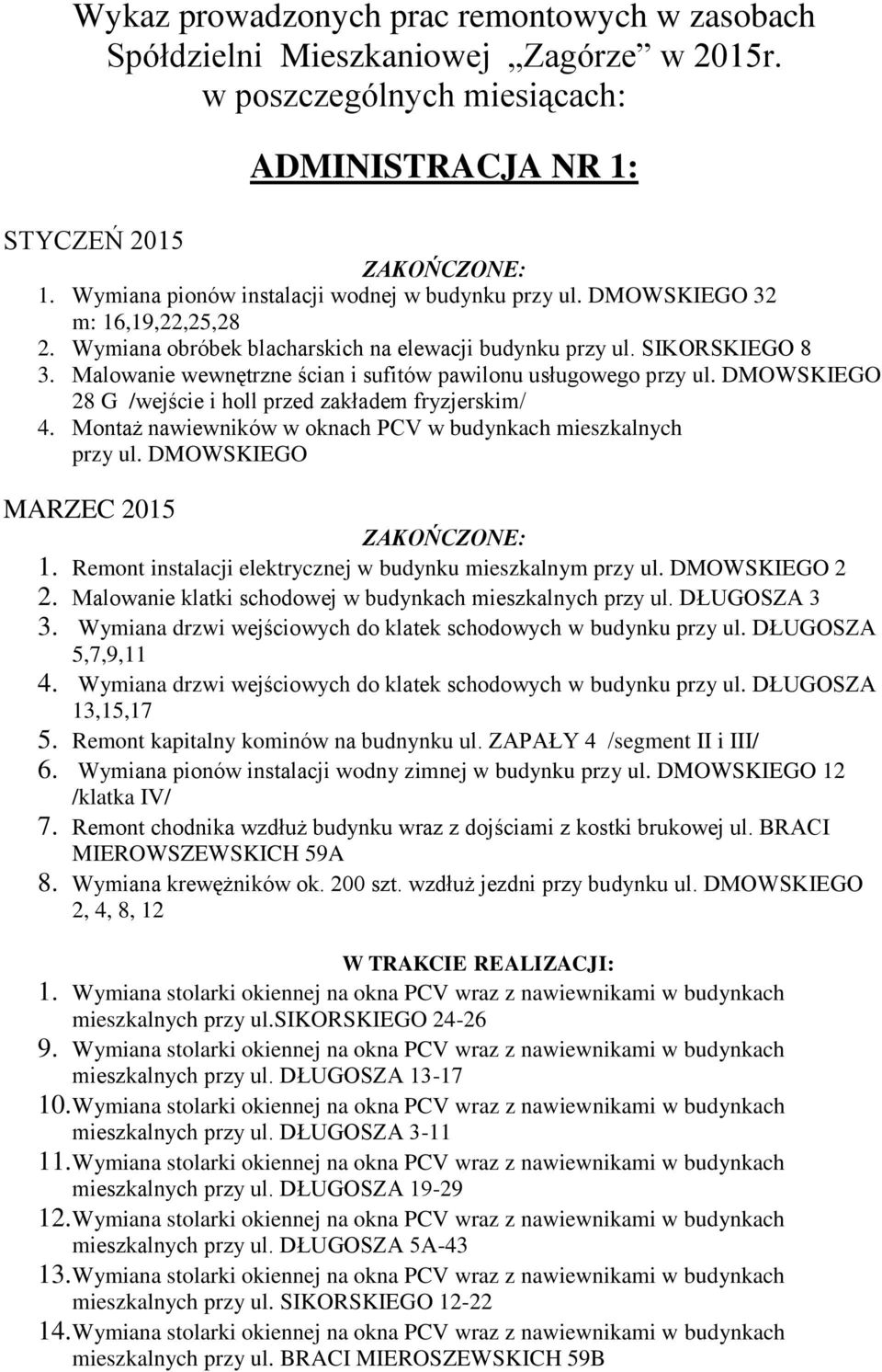 Malowanie wewnętrzne ścian i sufitów pawilonu usługowego przy ul. DMOWSKIEGO 28 G /wejście i holl przed zakładem fryzjerskim/ 4. Montaż nawiewników w oknach PCV w budynkach mieszkalnych przy ul.