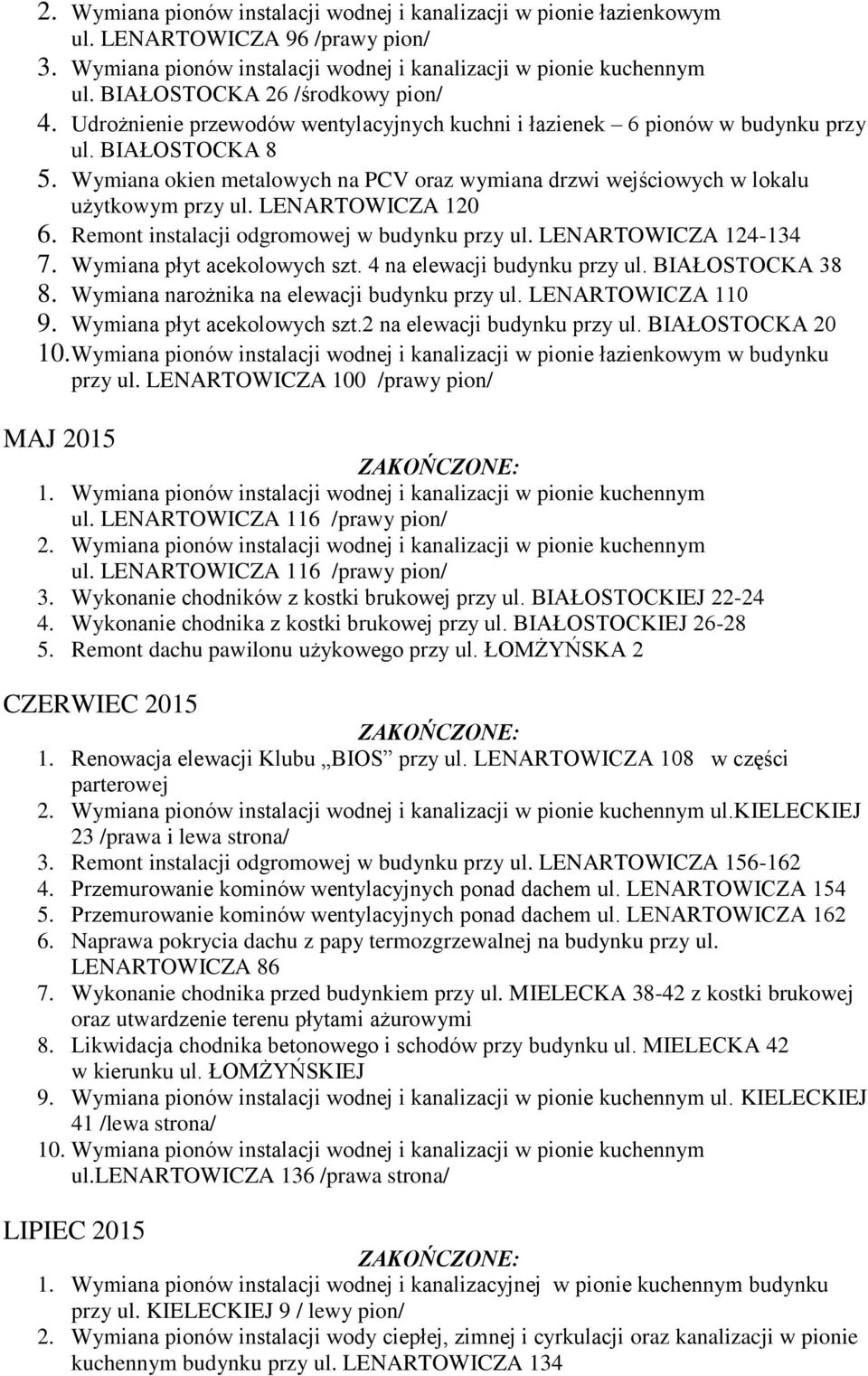 Wymiana okien metalowych na PCV oraz wymiana drzwi wejściowych w lokalu użytkowym przy ul. LENARTOWICZA 120 6. Remont instalacji odgromowej w budynku przy ul. LENARTOWICZA 124-134 7.