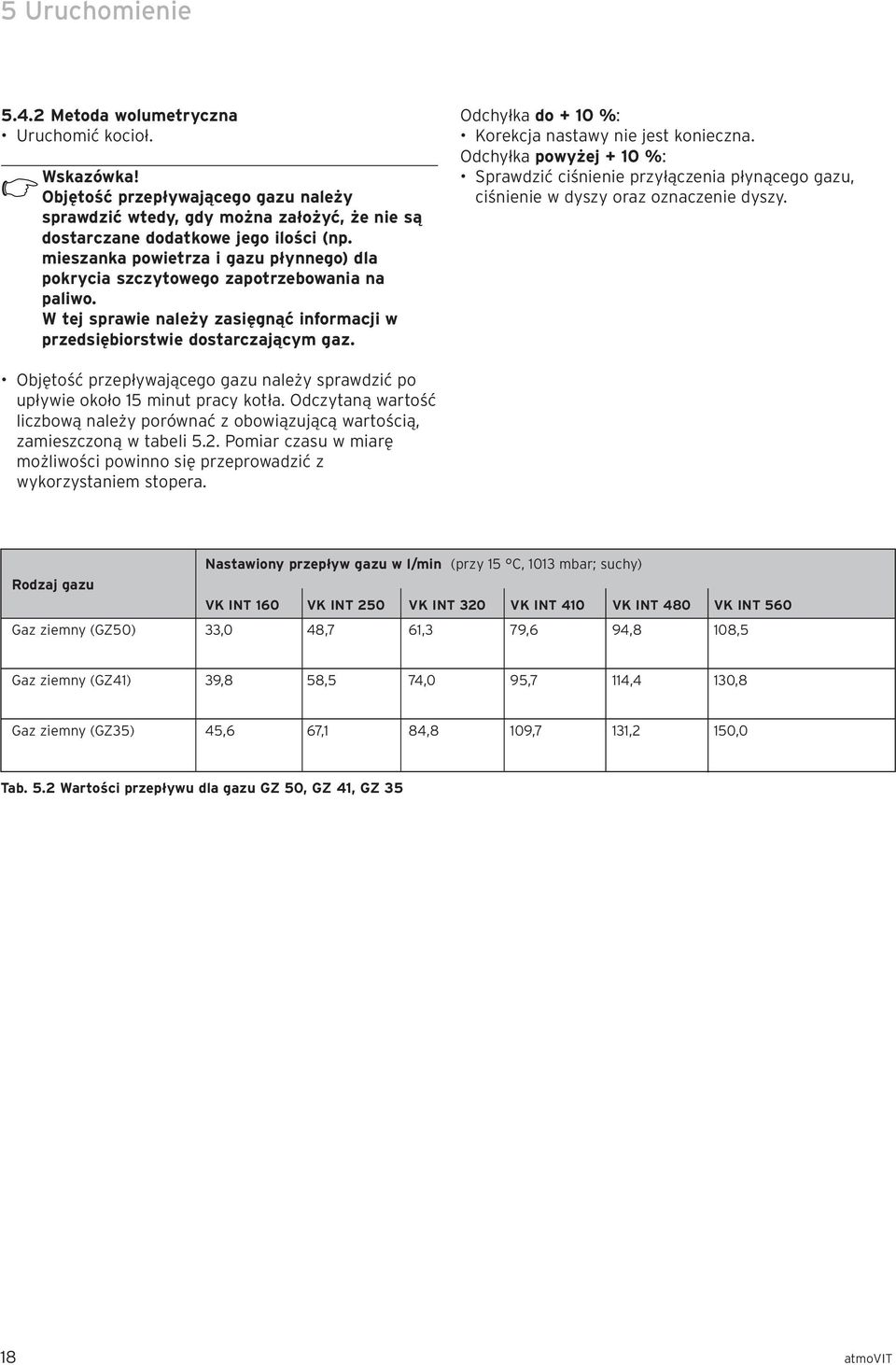 Odchyłka do + 10 %: Korekcja nastawy nie jest konieczna. Odchyłka powyżej + 10 %: Sprawdzić ciśnienie przyłączenia płynącego gazu, ciśnienie w dyszy oraz oznaczenie dyszy.