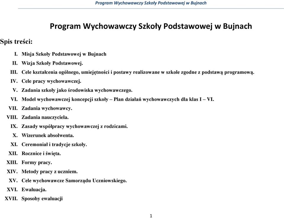 VI. Model wychowawczej koncepcji szkoły Plan działań wychowawczych dla klas I VI. VII. Zadania wychowawcy. VIII. Zadania nauczyciela. IX.