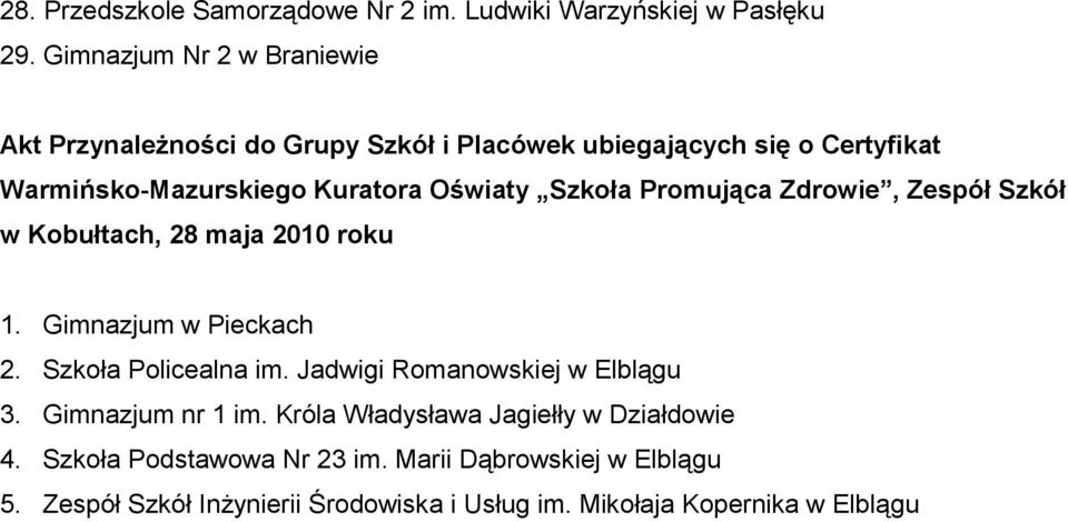 maja 2010 roku 1. Gimnazjum w Pieckach 2. Szkoła Policealna im. Jadwigi Romanowskiej w Elblągu 3. Gimnazjum nr 1 im.