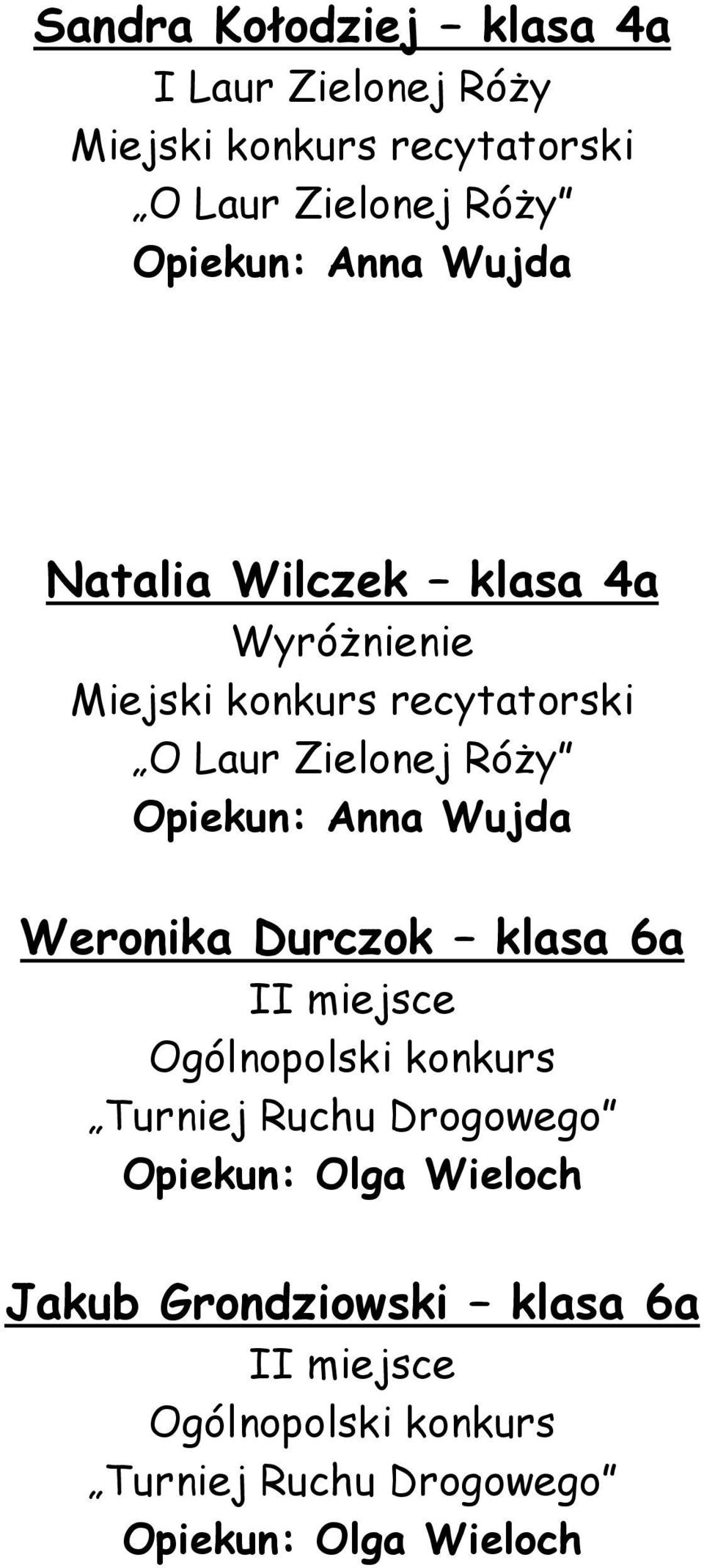 Opiekun: Anna Wujda Weronika Durczok klasa 6a Ogólnopolski konkurs Turniej Ruchu Drogowego Opiekun:
