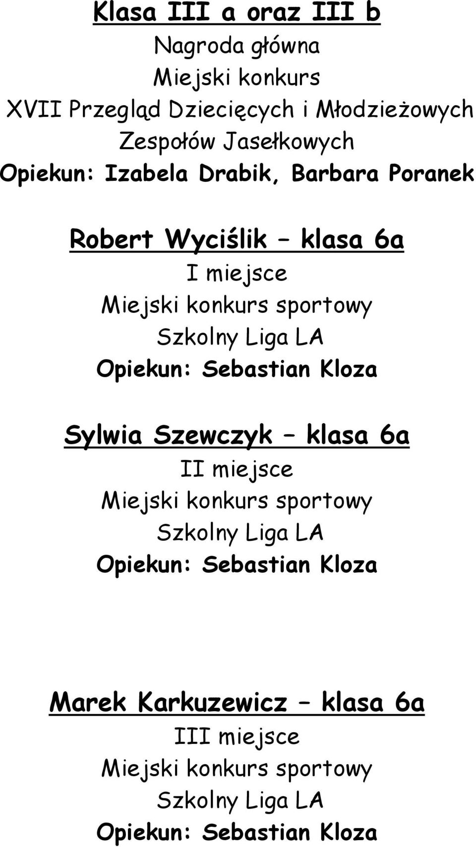 Szkolny Liga LA Opiekun: Sebastian Kloza Sylwia Szewczyk klasa 6a Miejski konkurs sportowy Szkolny Liga LA